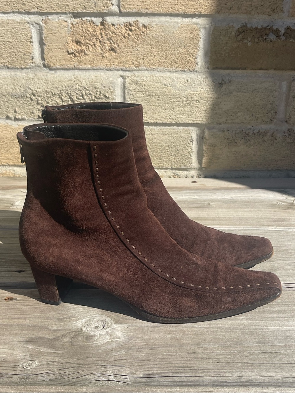 Vintage 90s Y2K PRADA Brown Suede Leather Square Toe Short Boots 37.5 7 Italy